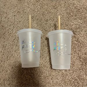 Bundle of 2 Clear, Orange, and Silver Cups with Straws. “The Party”.